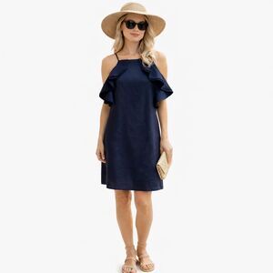 Ebby and I Lux Linen Blend Navy Blue Sleeveless Dress | NWT | Sz. M | Ruffles